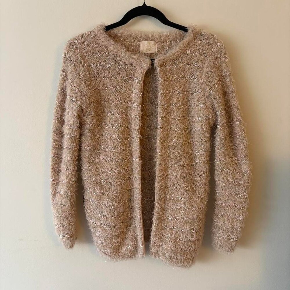 Peace Dove Gold Metallic Fuzzy Knit Cardigan Sweater S Wool blend cardigan